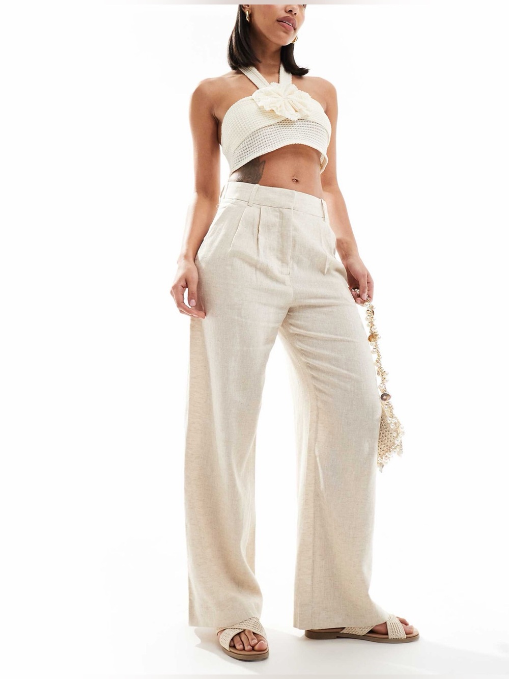 Abercrombie & Fitch Sloane linen blend high waisted trouser in beige